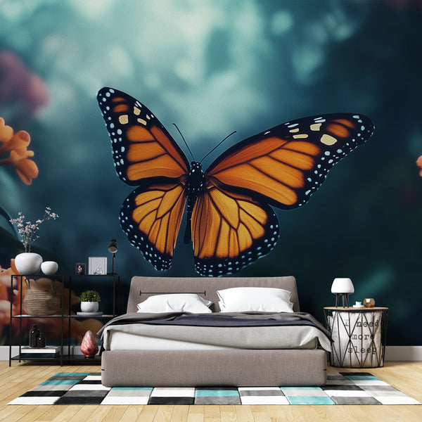Orange Butterfly Wallpaper | Floral Vibrant Wall Mural