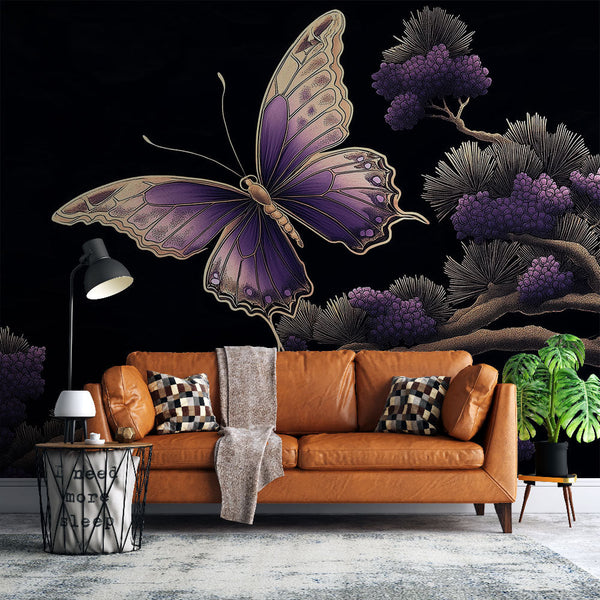 Butterfly Wallpaper | Floral Elegance on Black Wall Mural