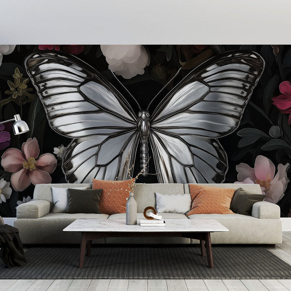Butterfly Wallpaper | Silver Insect Among Vibrant Flowers