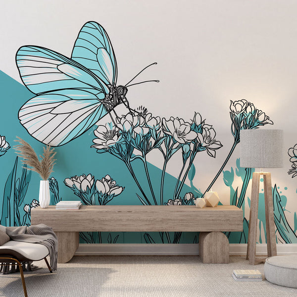 Butterfly and Flower Wallpaper | Blue Wings on White Blooms
