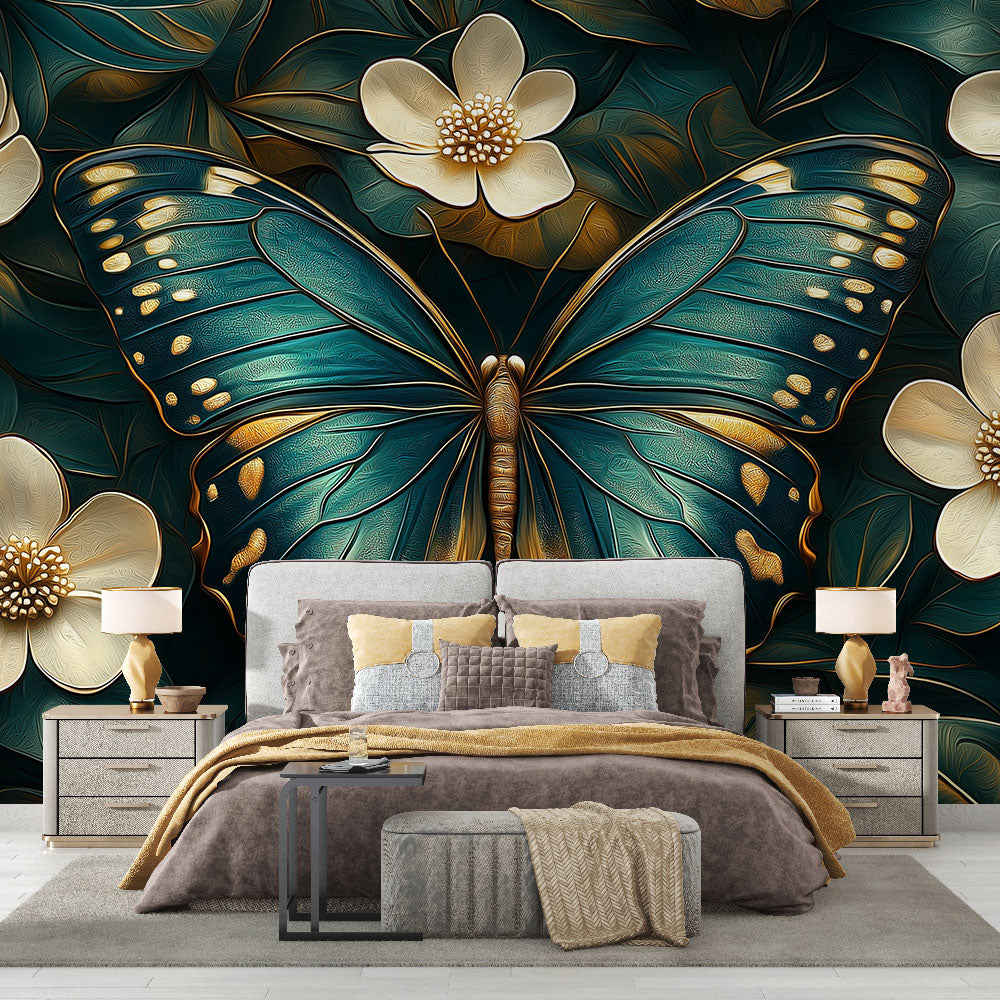 Butterfly and Flowers Wallpaper | Turquoise Floral Motif