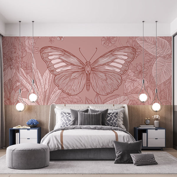 Butterfly Wallpaper | Large Line-Art Wings Among Fine Blooms