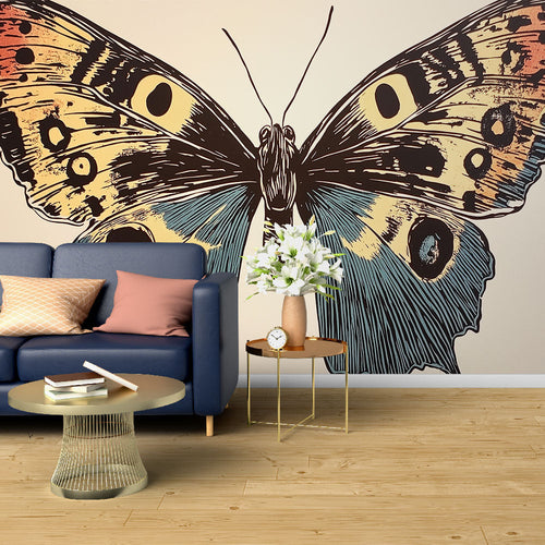 Stylized butterfly wallpaper with blue orange and black wings artistic design
