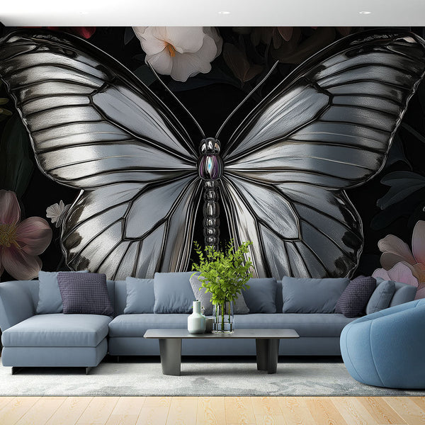 Mirror Butterfly Wallpaper | Silver on Vibrant Floral