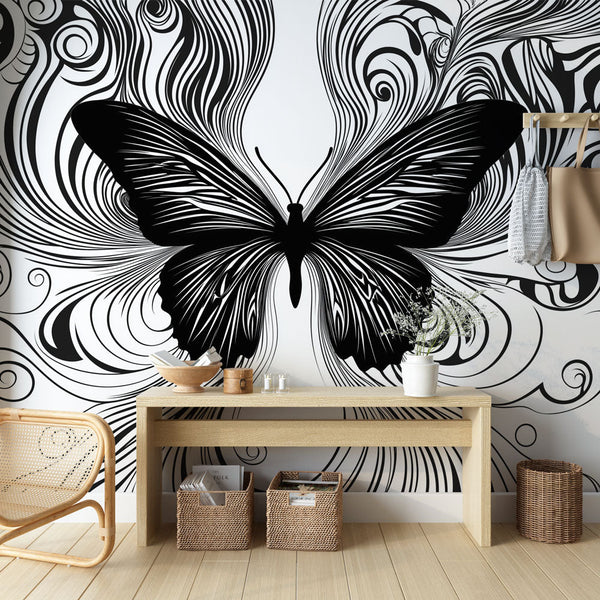 Stylized Black Butterfly Wallpaper | Fluid Patterns Mural
