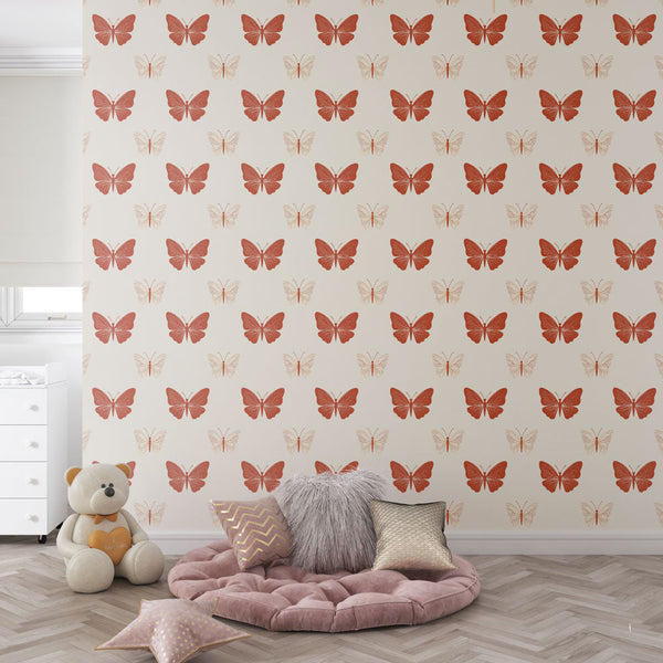 Butterflies Wall Mural in Warm Red and Beige Tones