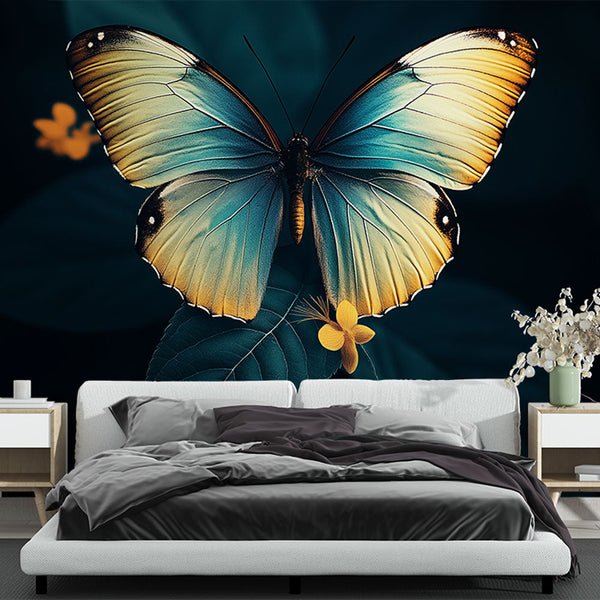 Butterfly Wallpaper | Turquoise Wings with Gold on Dark