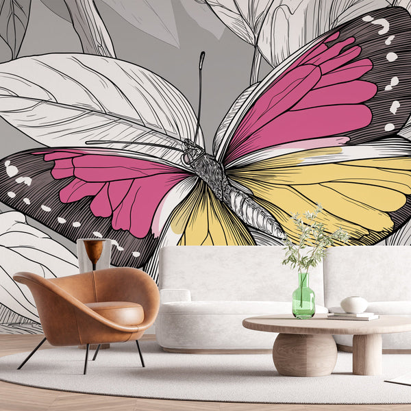 Butterfly Wall Mural | Bright Butterfly on Gray Foliage