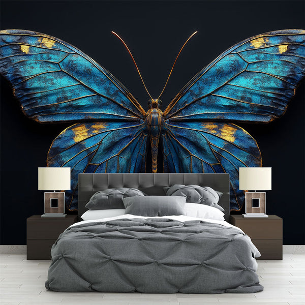 Metal Butterfly Wallpaper | Gold Blue Reflections Design