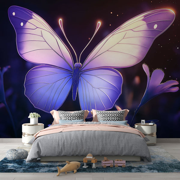 Purple Butterfly Wallpaper | Luminous Nocturnal Floral Mural