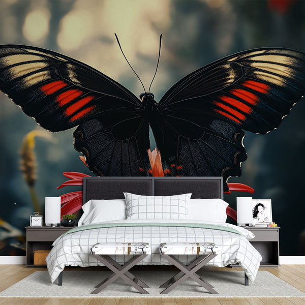 Black Red Butterfly Wallpaper | Rose Floral Wall Mural