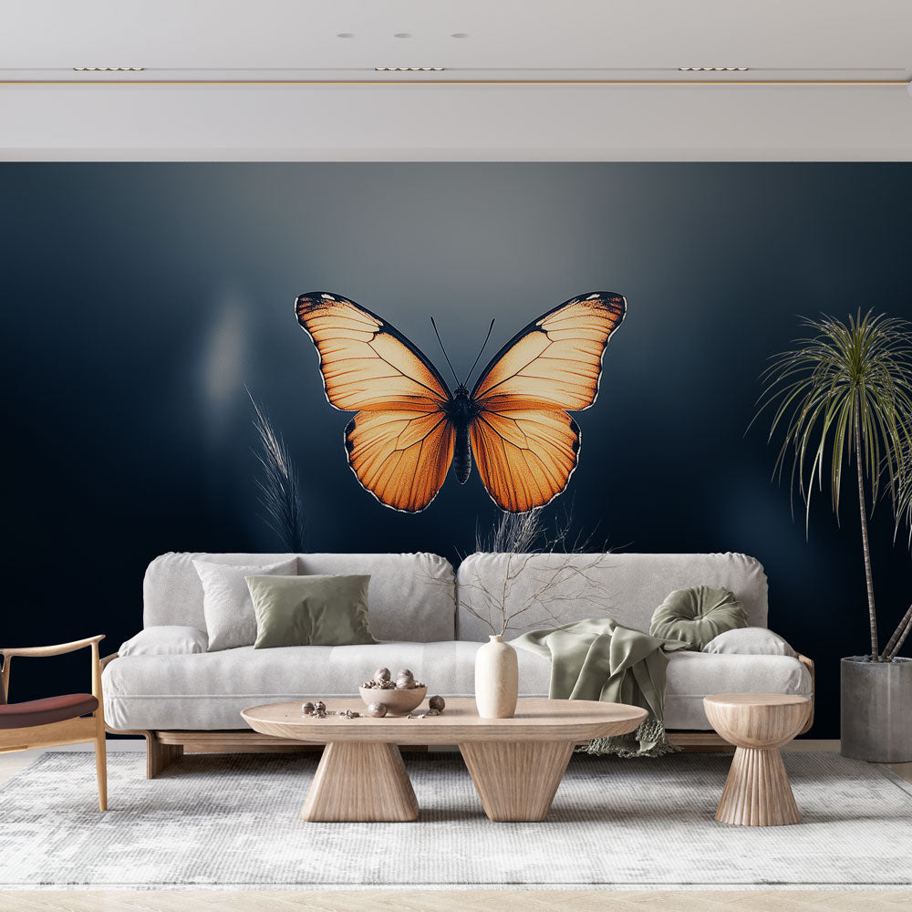 Luminous Orange Butterfly Wallpaper | Dark Wall Mural