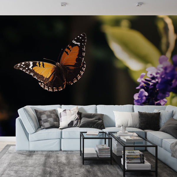 Orange Butterfly Violet Flowers Wallpaper | Wall Mural