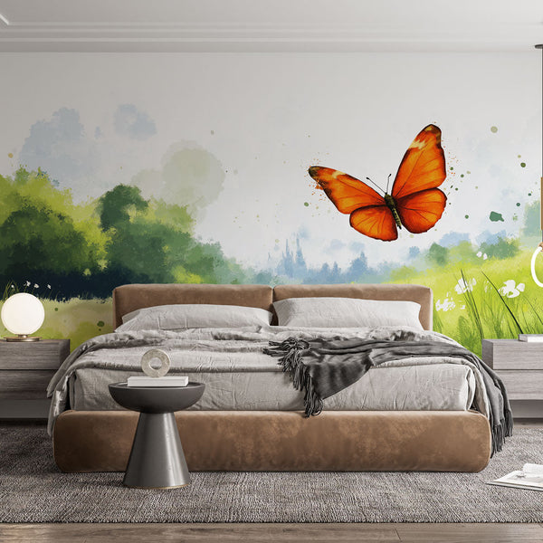Butterfly Wallpaper | Orange Butterfly Green Meadow Sky