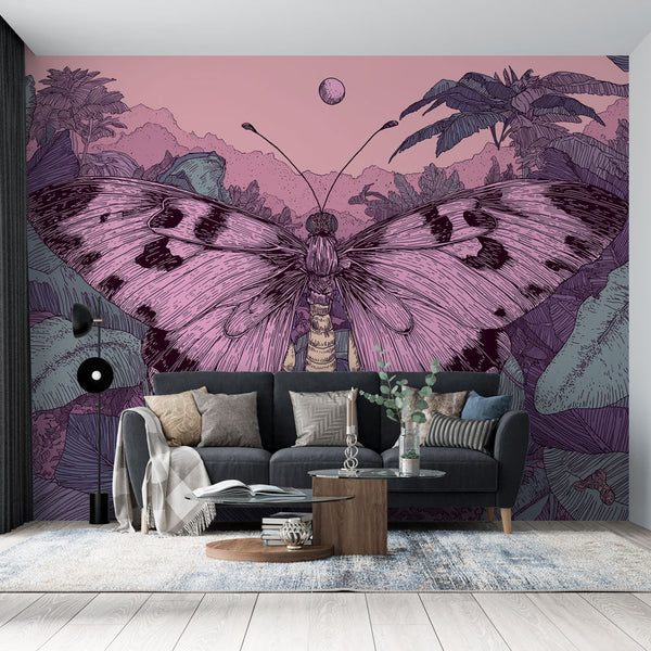 Butterfly Wallpaper | Pink Butterfly on an Exotic Jungle Scene