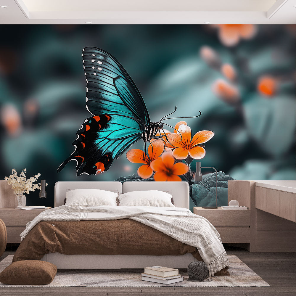 Butterfly wallpaper | Turquoise butterfly visiting orange blooms