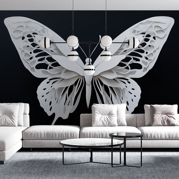 Stylised Butterfly Wallpaper | White Paper-Cut on Black Mural