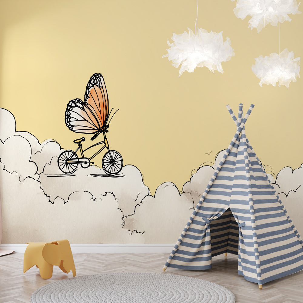 Butterfly on a Bicycle Wallpaper | Dreamy Ride Above the Clouds