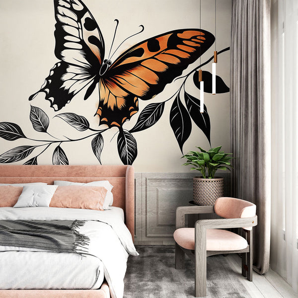 Butterfly Wallpaper | Majestic Orange and Black Butterfly on Cream