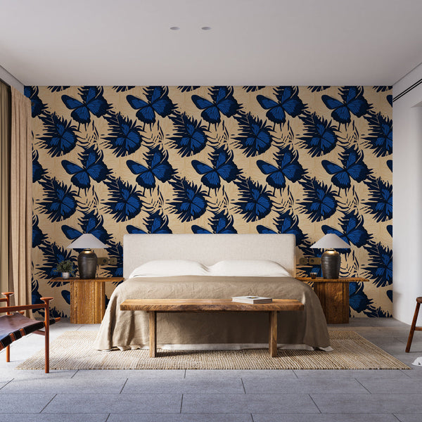 Blue Butterflies and Lush Leaves Wall Mural on Cream
