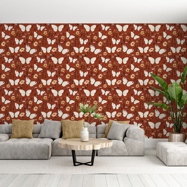 Butterfly Wallpaper | White Butterflies on a Rust Background