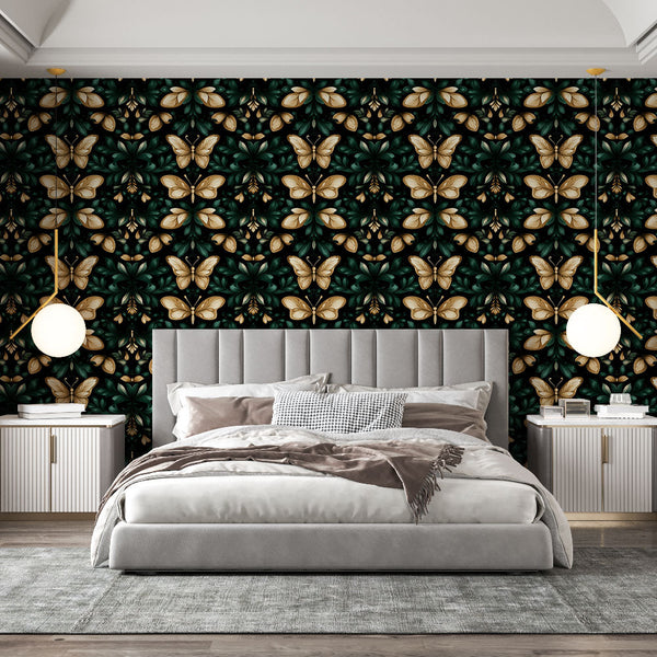 Gold Butterfly Wallpaper | Lush Green Foliage Wall Mural