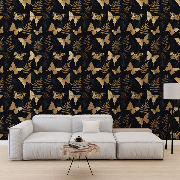 Golden Butterflies and Foliage Wallpaper on Black