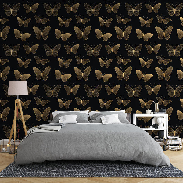 Gold Butterfly Wallpaper | Black Background Wall Mural