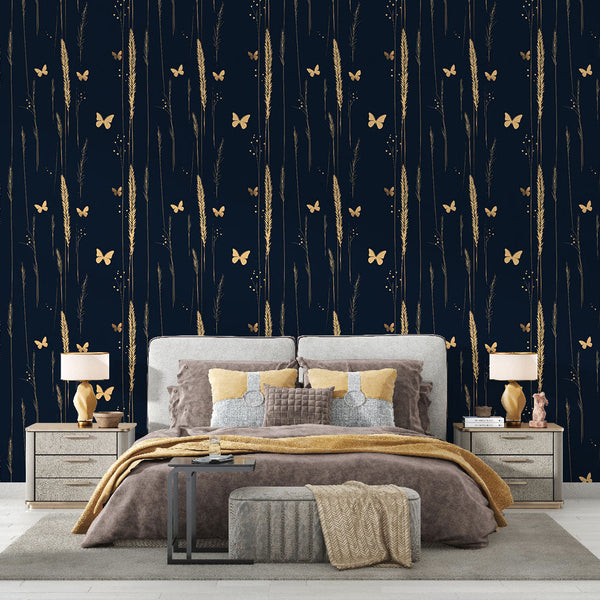 Golden Butterfly Wallpaper | Elegant Motif on Midnight Blue