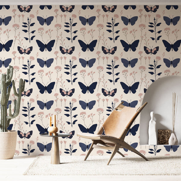 Butterfly Wallpaper | Navy Wings and Pink Blooms on Light