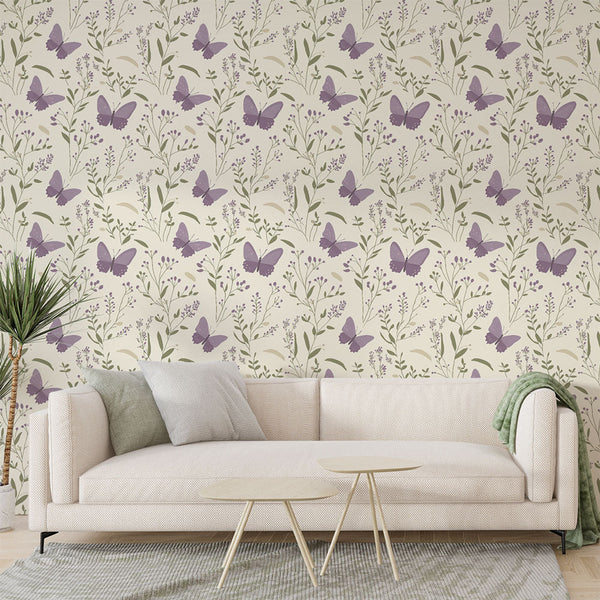 Butterfly Wallpaper | Mauve Wings Among Delicate Flowers Mural