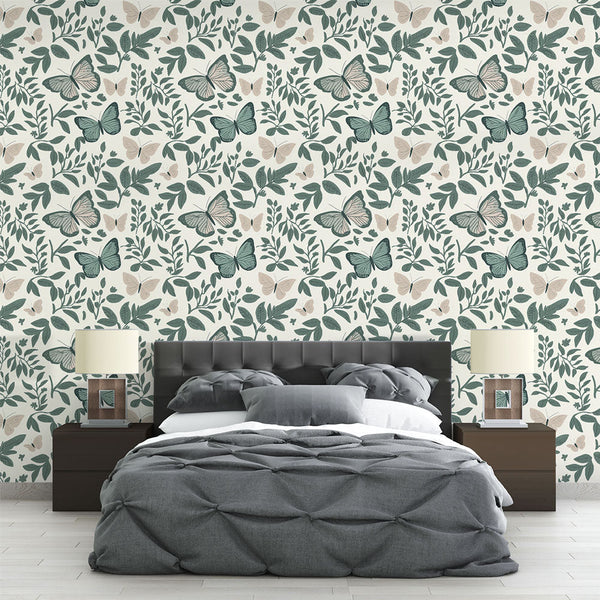 Green Butterfly Wallpaper | Delicate Foliage on Light Ground