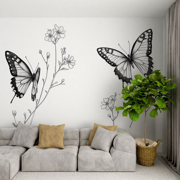 Butterflies Wallpaper | Floral Black and White Delicate