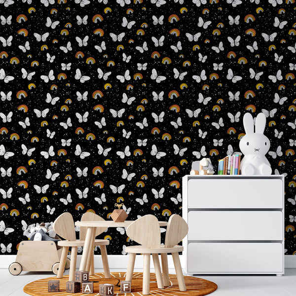 Butterfly Rainbow Wallpaper | Bold Black Background Mural
