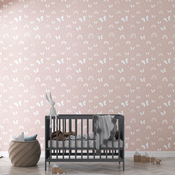 Butterfly and Rainbow Wallpaper | Soft Pink Kids Design