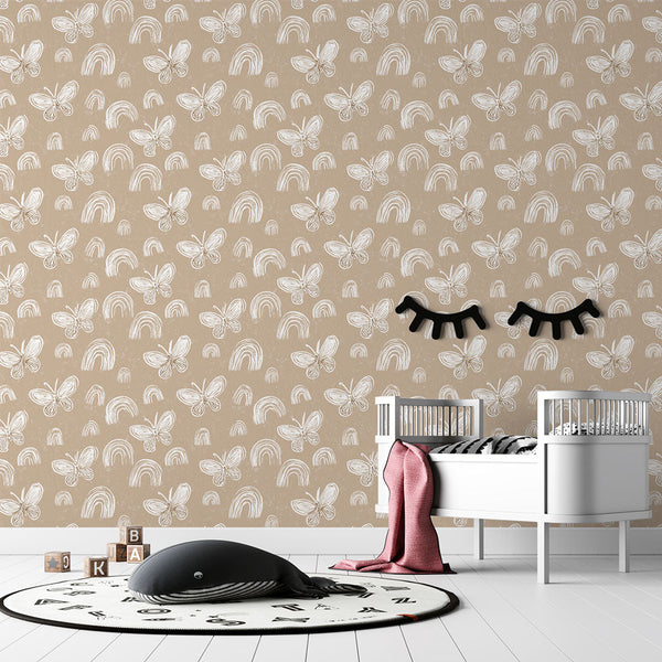 Butterfly Wallpaper | White Butterflies and Rainbows on Beige