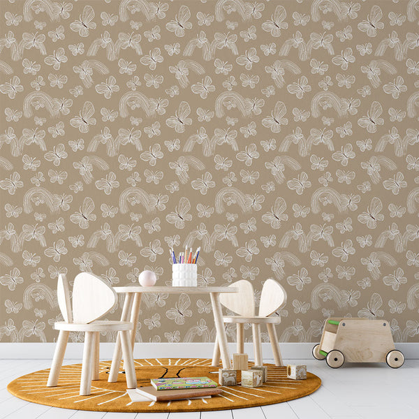 Butterfly Rainbow Wallpaper | Hand-Drawn Motifs on Beige