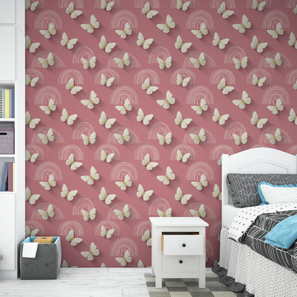 Butterfly and Rainbow Wallpaper | White Butterflies on Pink