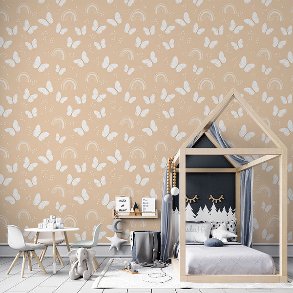Butterfly Wallpaper | Playful White Butterflies on Beige
