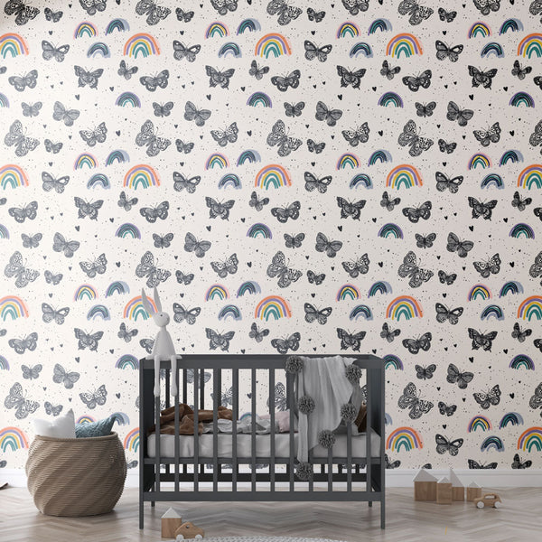 Butterfly and Rainbow Wallpaper | Playful Black Butterflies