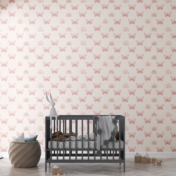 Butterfly Wallpaper | Cream Pink Rainbow Wall Mural