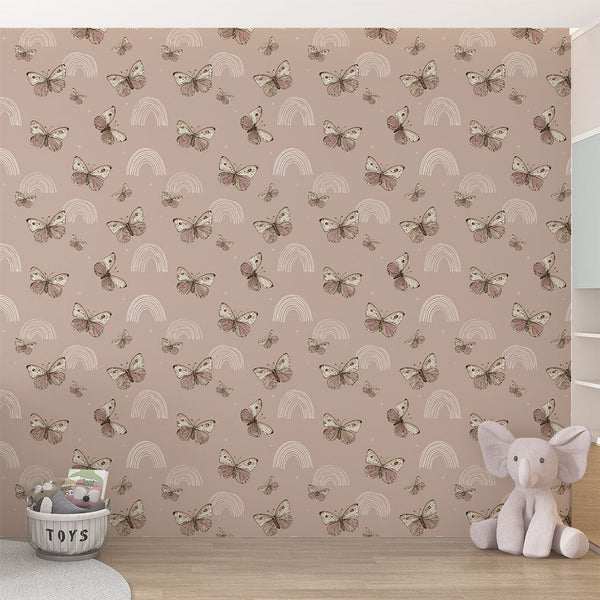 Butterfly and Rainbow Wallpaper | Soft Pink Wall Mural