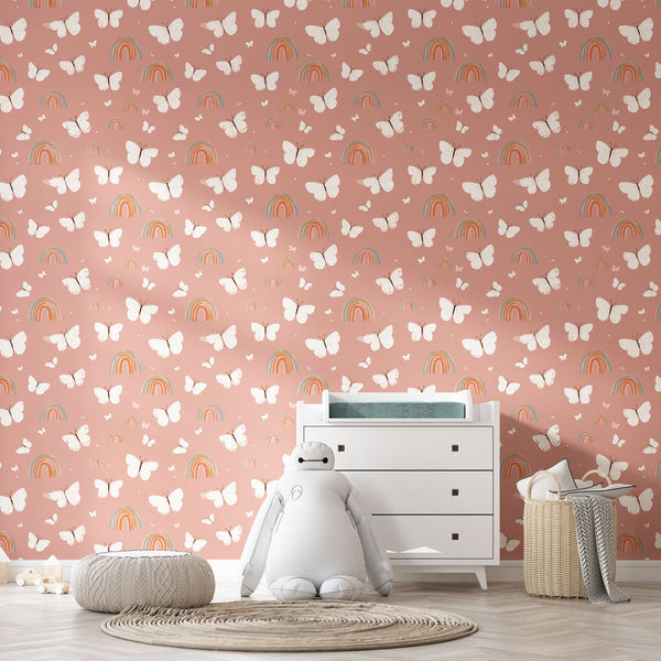 Butterfly Wallpaper | White Butterflies and Rainbows on Pink