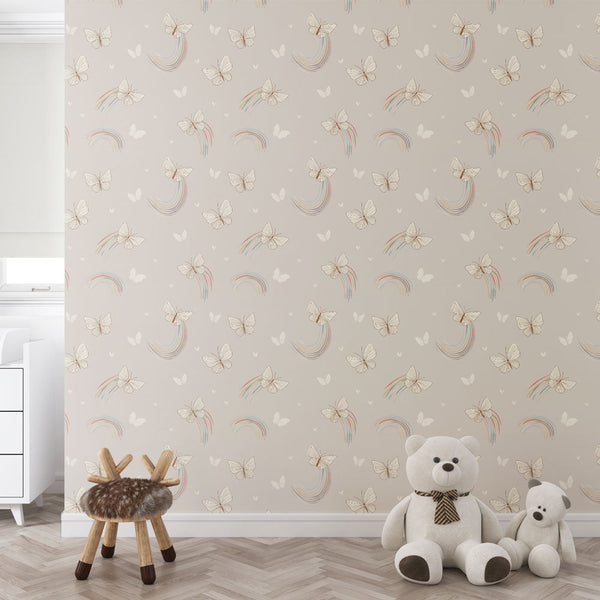 Butterfly and Rainbow Wallpaper | Soft Motifs on Beige