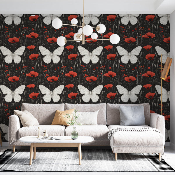 Butterfly & Poppy Wallpaper | White Wings, Red Poppies