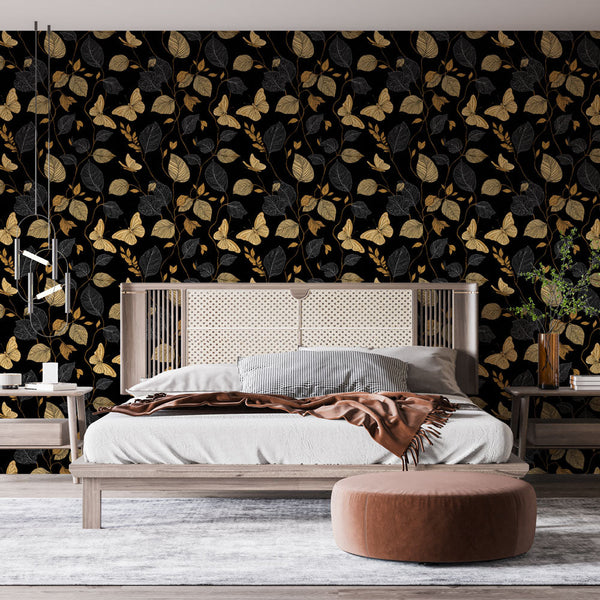 Butterfly Wallpaper | Gold Butterflies and Foliage on Black