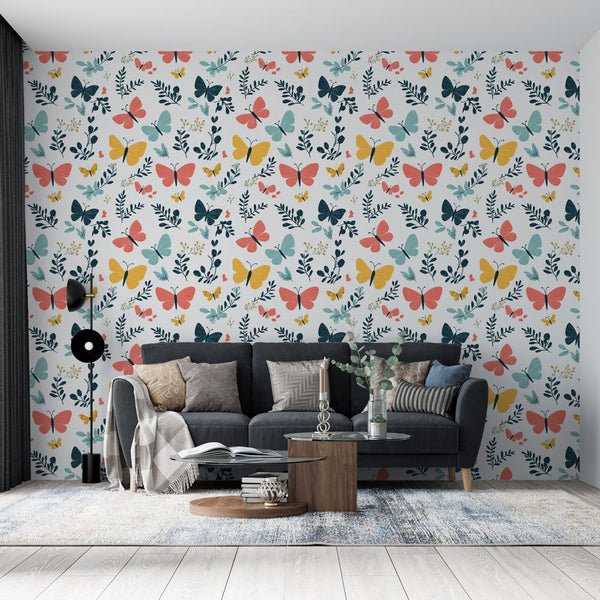 Elegant Butterflies and Foliage Wall Mural in Bright Hues