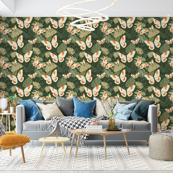 Elegant Butterflies Wall Mural on Green Tropical Foliage