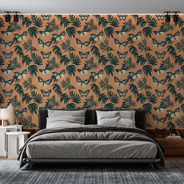 Butterfly Wall Mural | Tropical Foliage on a Warm Peach Ground