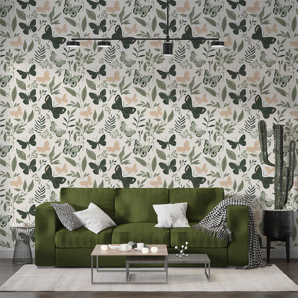Butterfly and Leaf Wallpaper | Soft Green on a Light Ground